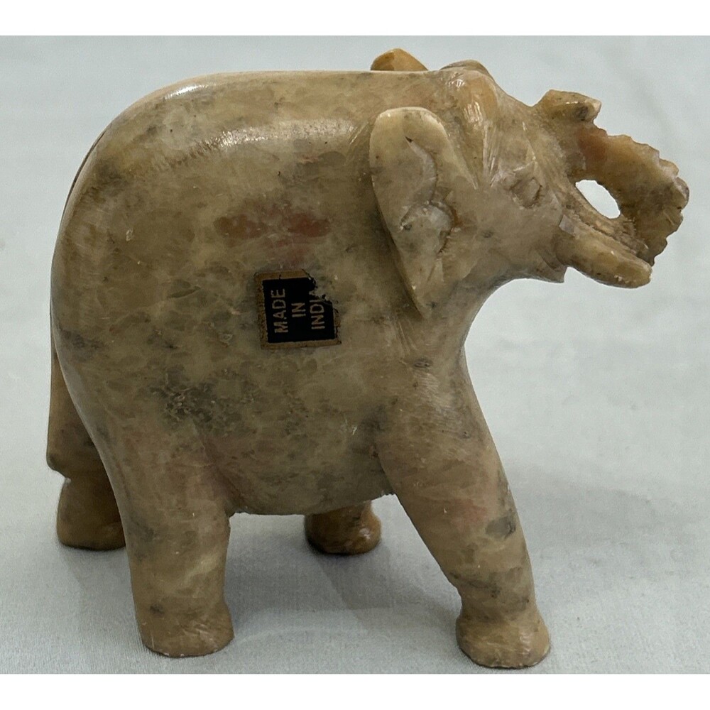 Stone Carved Elephant Small Figurine Trunk Up 3” Tall India